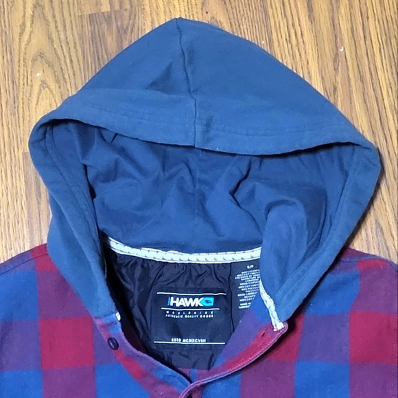 Tony Hawk Shacket Mens Red & Blue Plaid Quilted Button Hooded Jacket Size S/P - Picture 6 of 11